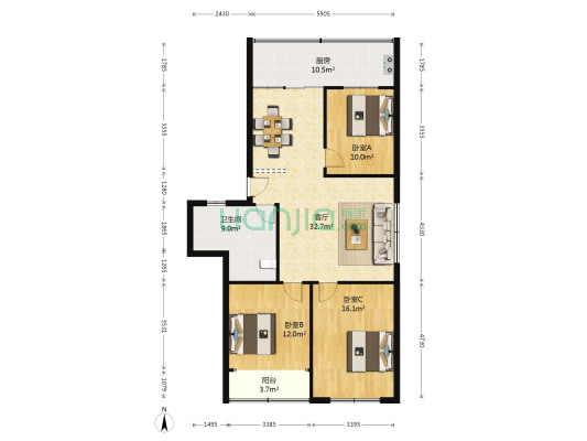 环绿山庄 3室1厅1卫 119平方
