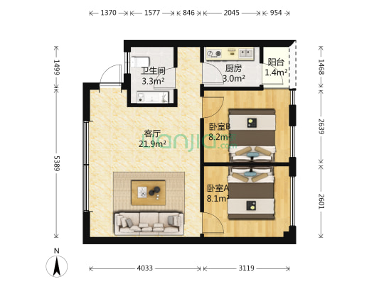 圣安卓国际公寓 2室1厅1卫 72平方
