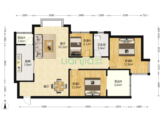 上和城 3室1厅1卫 103平方