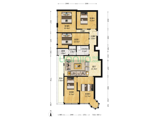 丽日广场 5室1厅2卫 111平方