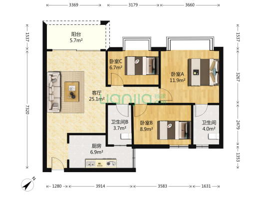 长江数码花园(番禺) 3室1厅2卫 87平方