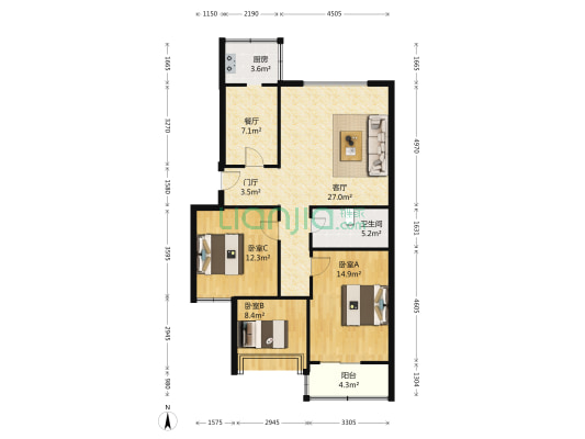 金盾花园 3室2厅1卫 121平方
