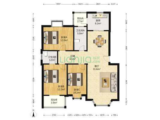芳源里 3室1厅2卫 115平方