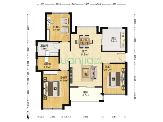 年华里 3室1厅1卫 118平方