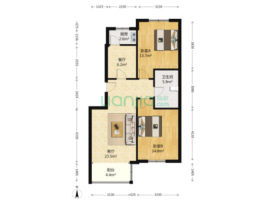 众河龙亭苑 2室2厅1卫 90平方