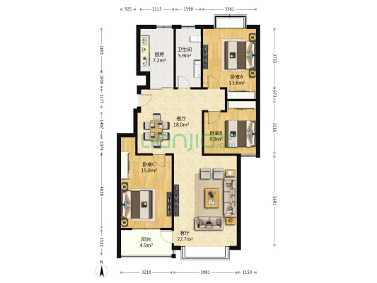 兴业家园 3室2厅1卫 130平方