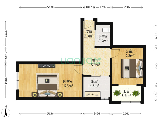 侯二小区 2室1厅1卫 62平方