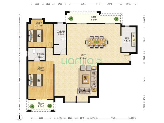 星海虹城四期鸿玺御园 2室1厅2卫 168平方