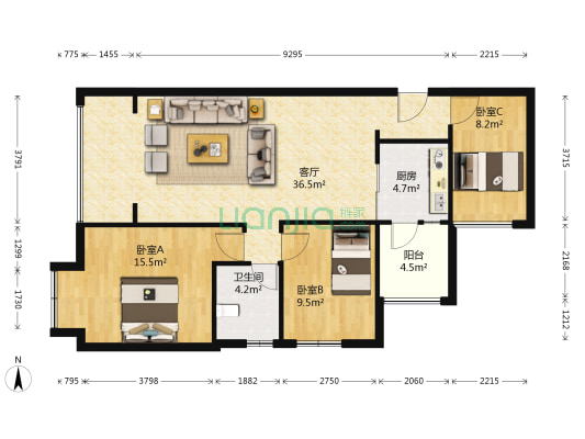 瀚城国际 3室1厅1卫 84平方