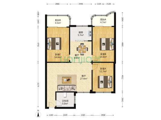侨明苑 3室2厅1卫 109平方