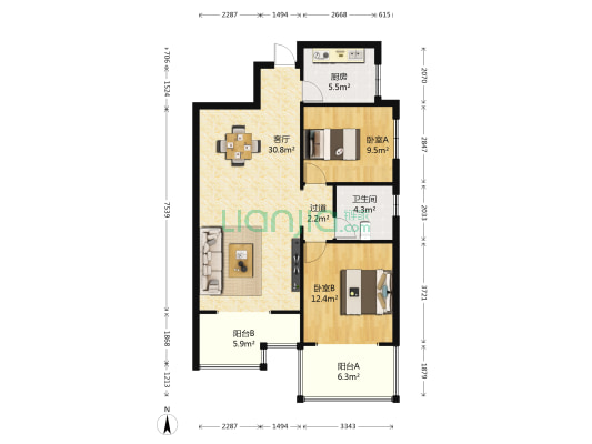 曲江观唐 2室1厅1卫 139平方