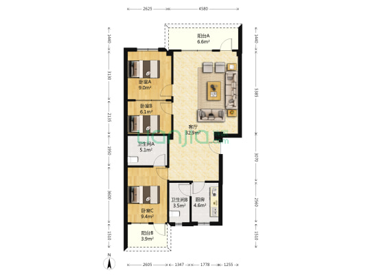 恒华楼 3室1厅2卫 97平方