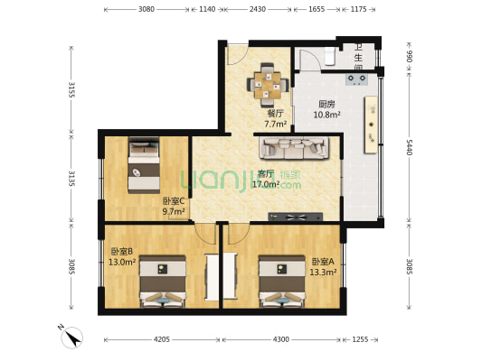 虎门巷小区 3室2厅1卫 91平方
