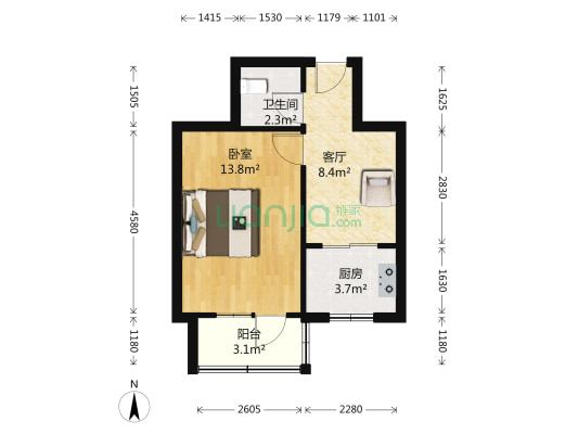 六里屯东里 1室1厅1卫 42平方