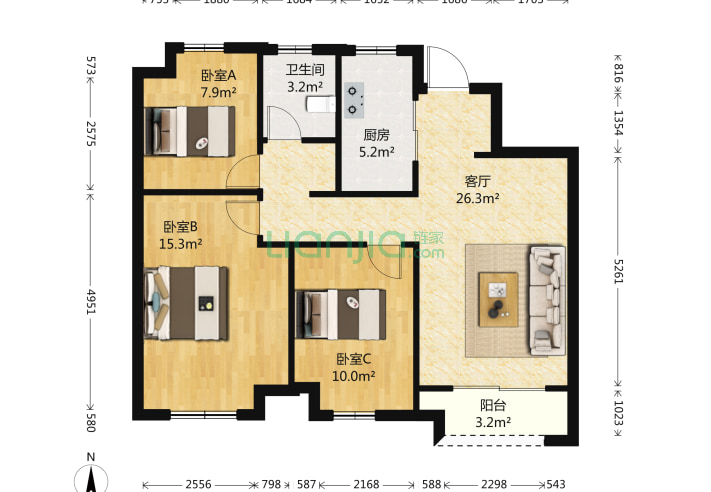 3室1廳1衛91.75㎡-南京萬科城梧桐苑戶型圖