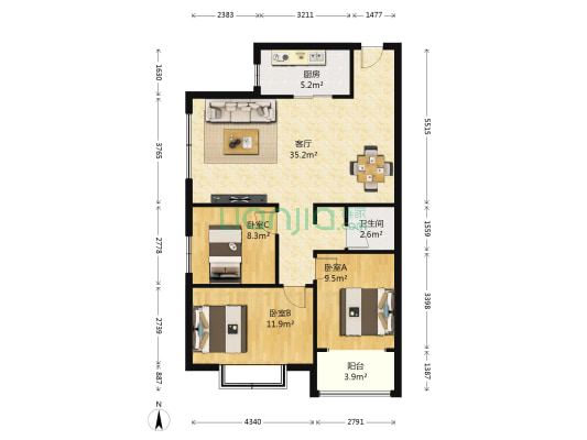 兴达锦绣园 3室1厅1卫 104平方