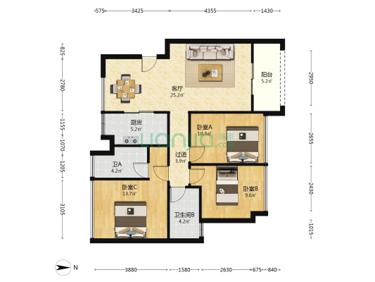 旭日华庭二期 3室1厅2卫 90平方