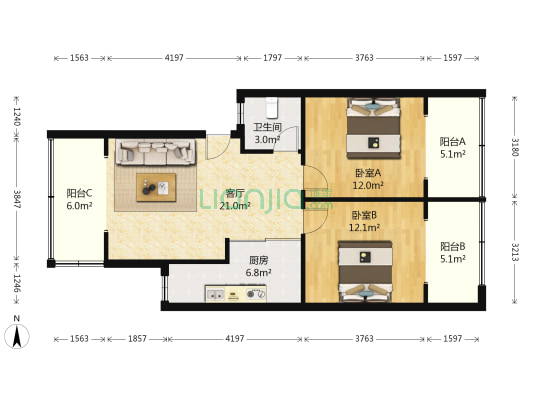 鑫源公寓 2室1厅1卫 83平方
