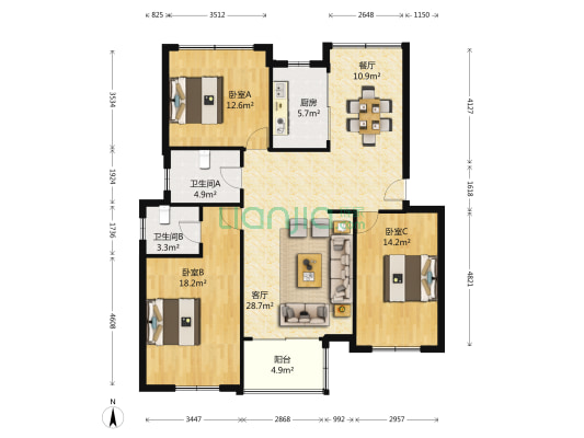 晴园二期 3室2厅2卫 117平方