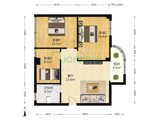 汇福花园 3室1厅1卫 76平方