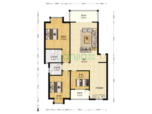 和美白金瀚 3室1厅2卫 117平方