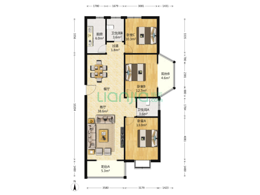 元正置业广场 3室1厅2卫 138平方