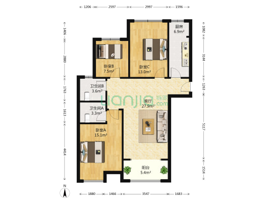 正商华钻湾景1号院 3室1厅2卫 124平方