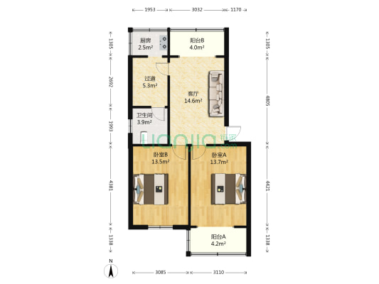 岗杜街1号院 2室1厅1卫 69平方