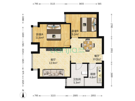 花半里东区 2室2厅1卫 84平方