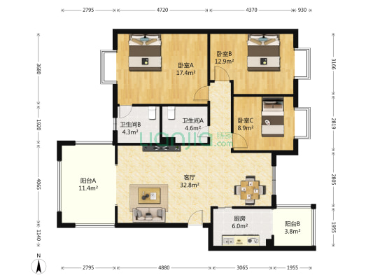 南桥新天地 3室1厅2卫 116平方