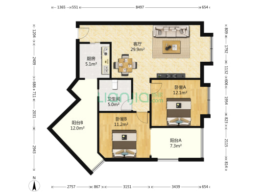 首汇观筑 2室1厅1卫 87平方