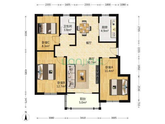 万科城梧桐苑 3室1厅1卫 93平方