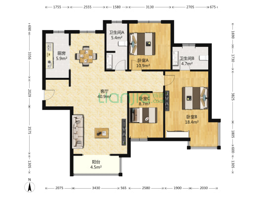 弘达明尚 3室1厅2卫 141平方