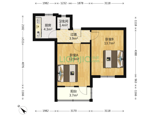 遵化路 2室0厅1卫 53平方