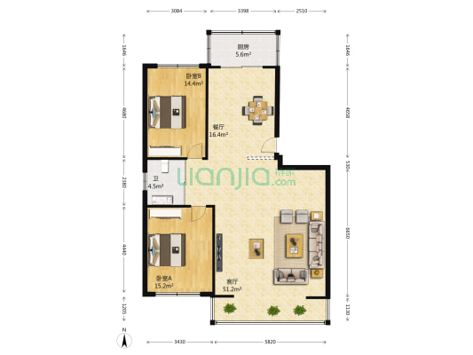 万盛花园小区 2室2厅1卫 129平方