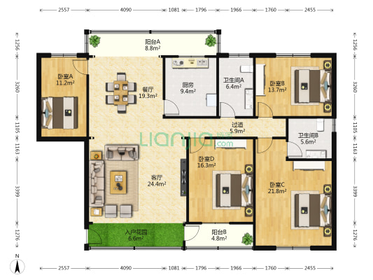 边防医院家属楼 4室2厅2卫 167平方