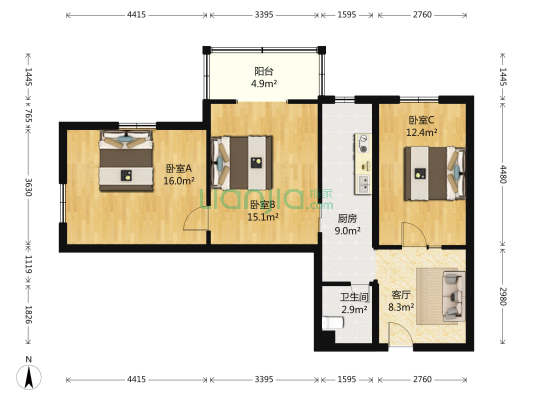 盆儿胡同61号院 3室1厅1卫 88平方