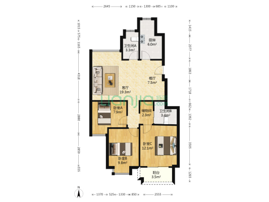 紫金花园 3室2厅2卫 97平方