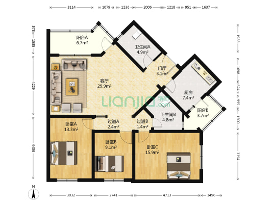 鸿顺园西区 3室1厅2卫 129平方