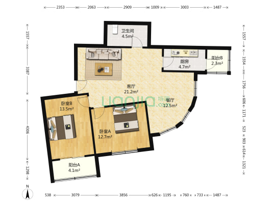 皓园里 2室2厅1卫 91平方