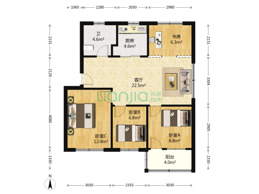 塘西村 4室1厅1卫 91平方