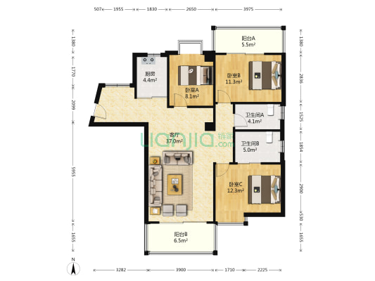 东坪花园一期 3室1厅2卫 103平方
