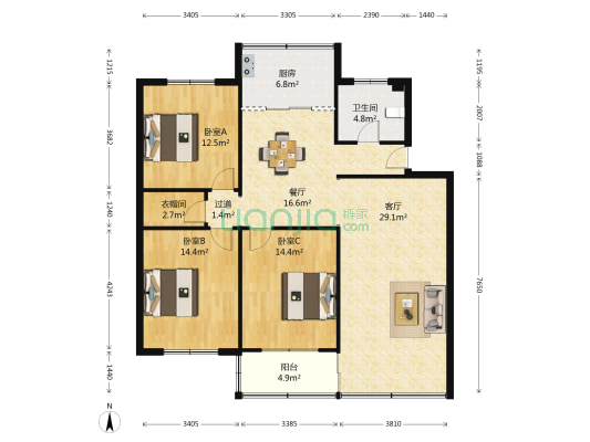 金龙广场小区 3室2厅1卫 121平方