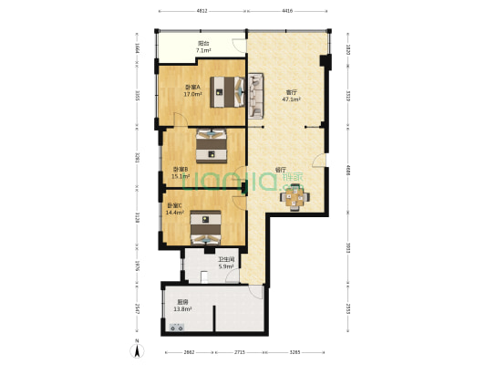 力兴花园 3室1厅1卫 127平方