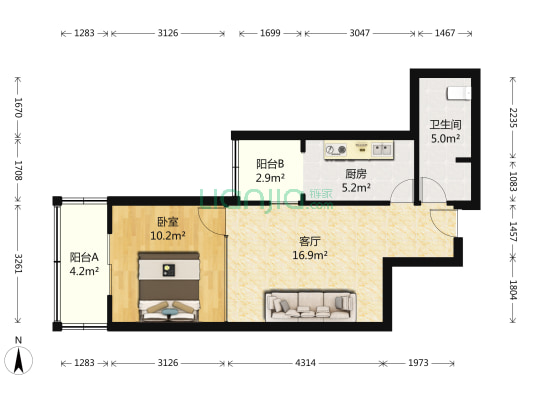 双泉堡甲1号院 1室1厅1卫 58平方
