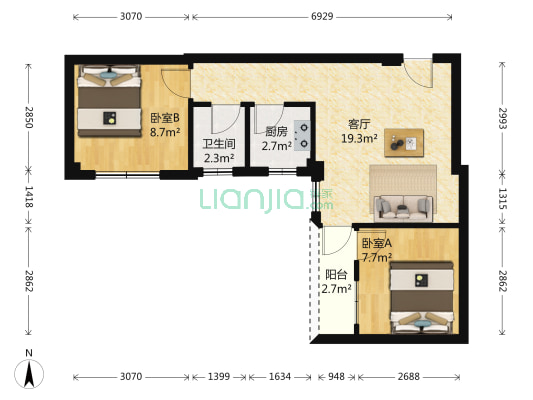 瑶台花园 2室1厅1卫 55平方