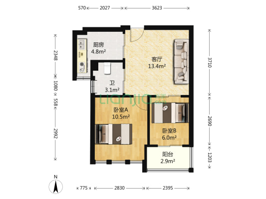 水岸花园 2室1厅1卫 55平方