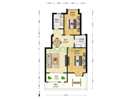 中北英郡 2室1厅1卫 88平方