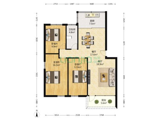 广东轻工学院宿舍 3室2厅1卫 102平方