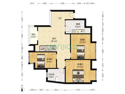 锦泰金樽 3室1厅1卫 90平方